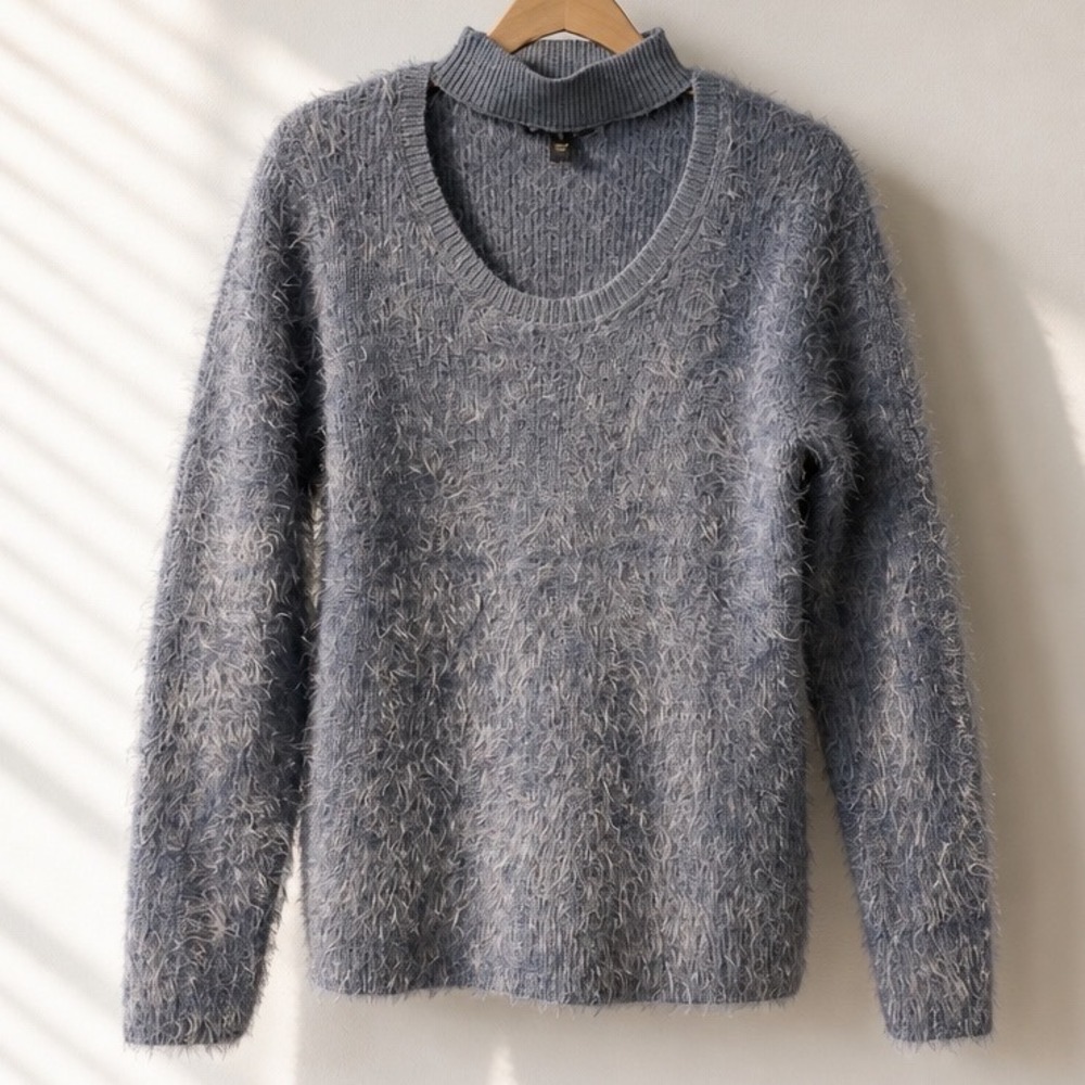 NEW G‎ by Giuliana Blue Eyelash Knit Sweater Mock Neck Cutout Pullover XS